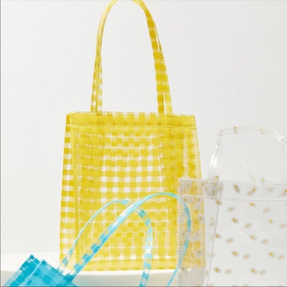 $3/20 Urban Outfitters Yellow Hello Gingham Plaid Printed Clear Mini Tote Bag - Picture 1 of 8